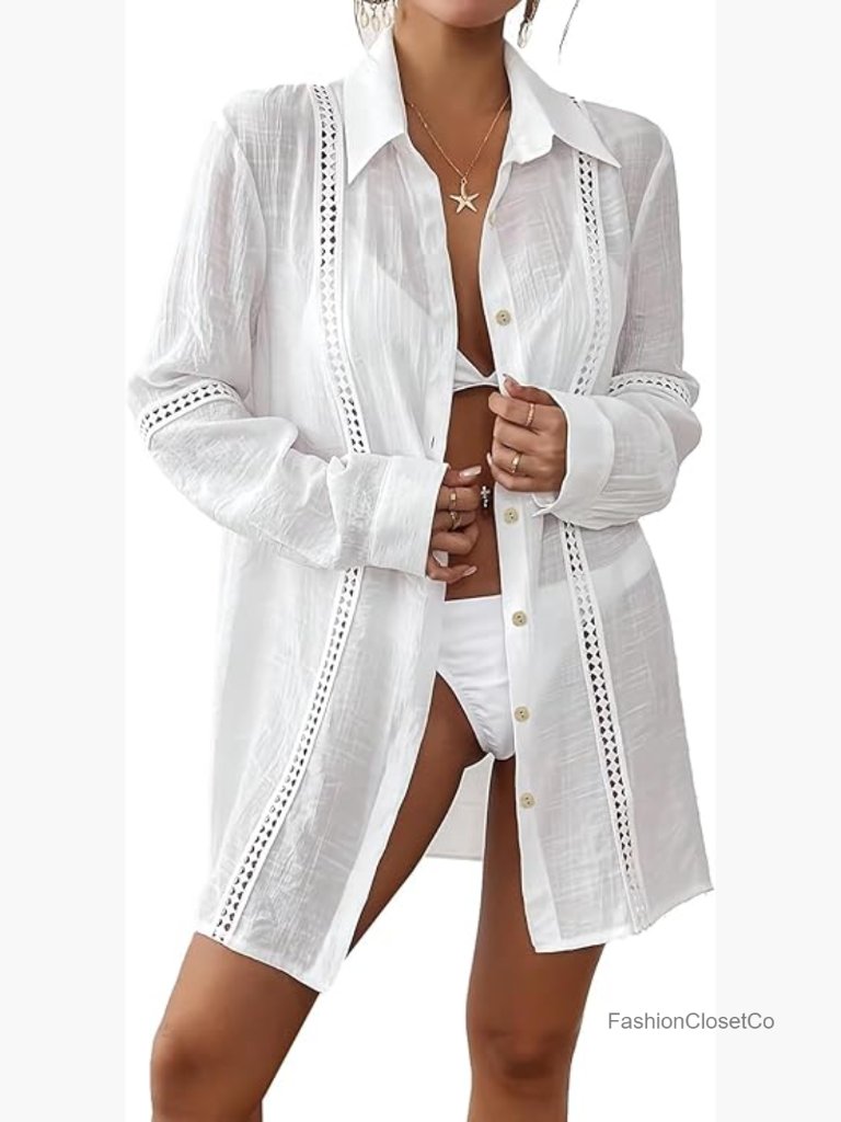 Sheer Long Sleeve Eyelet Trim Cover Up Button Down Shirt Dress Beach Vacation